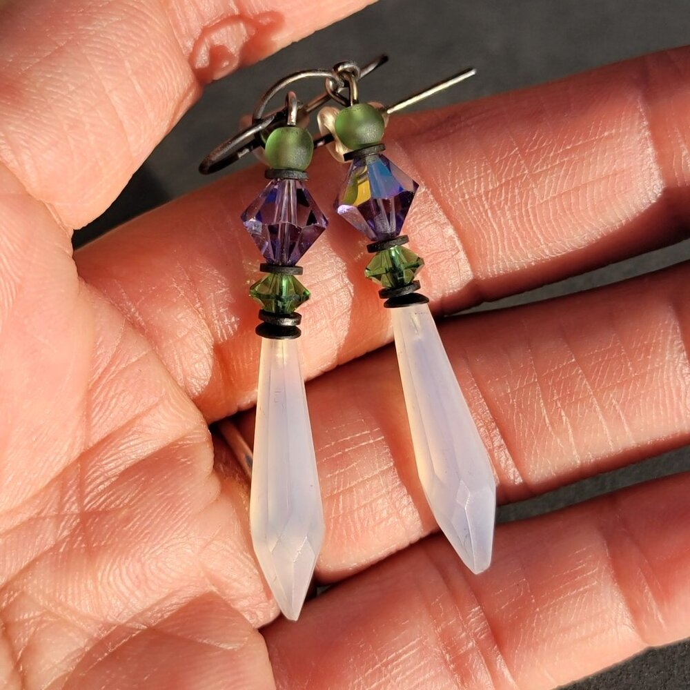 Vintage handmade 925 sterling silver frosted glass Czech glass chandelier earrin
